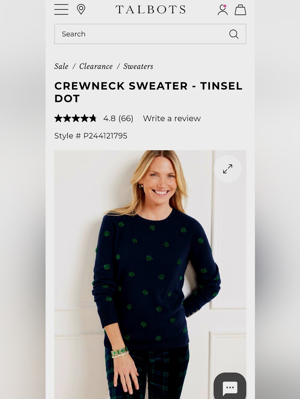 Talbots Wool Blnd Navy Crewneck Sweater with Green Tinsel Dot/Pom Accents Medium - Picture 9 of 14